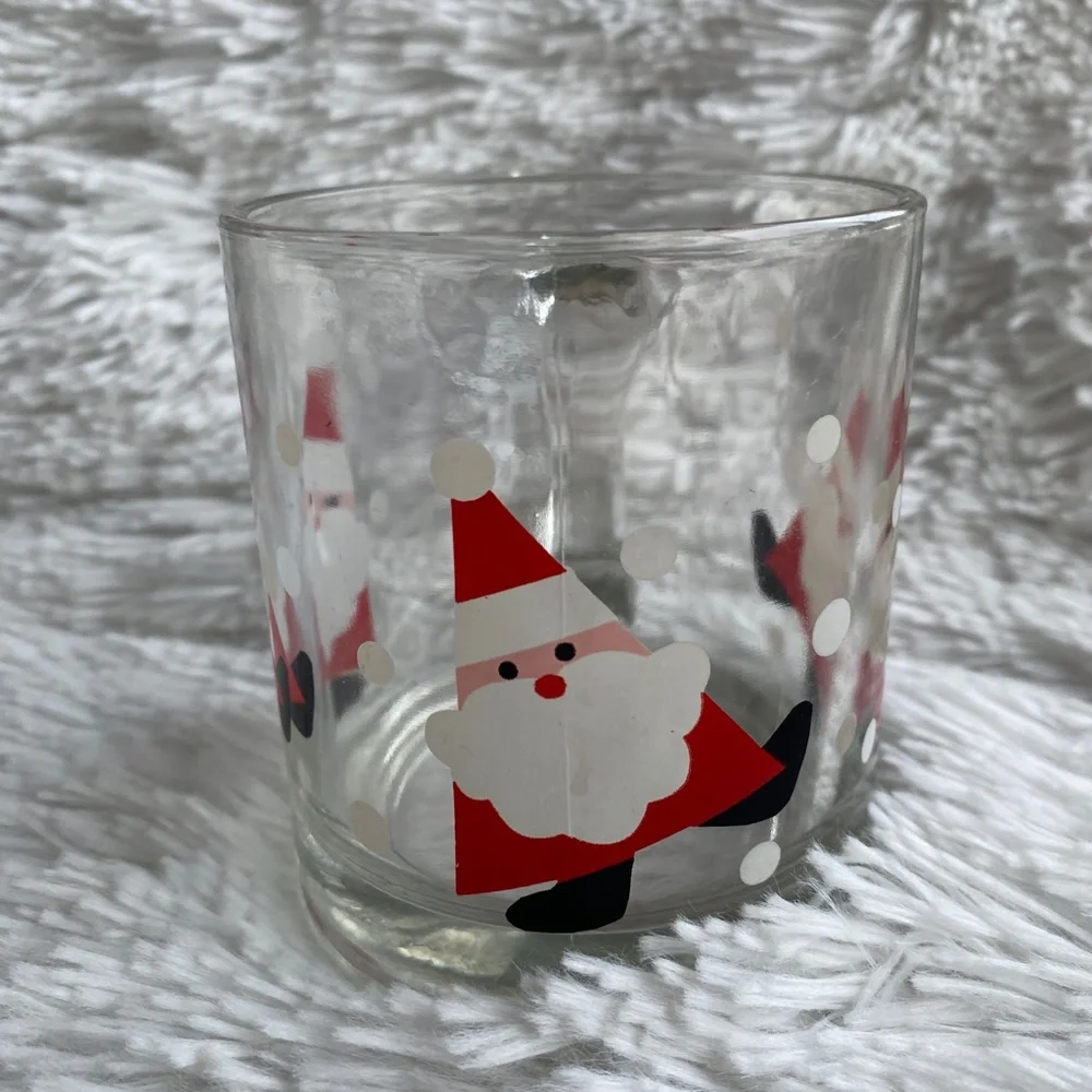 CRATE & BARREL Dancing Santas Glass Cocoa Coffee Mug